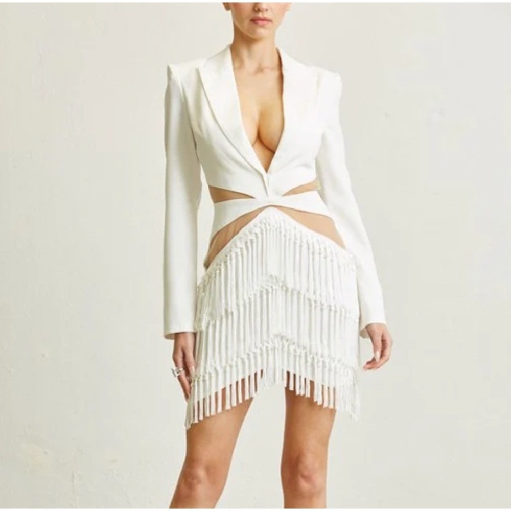 12TH TRIBE White Blazer Dress Fringe Tassels Cutout Sexy Tuxedo Girls Night Chic